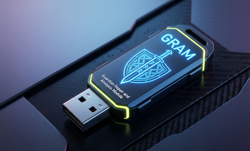 GRAM USB drive with glowing emblem on a circuit-board surface